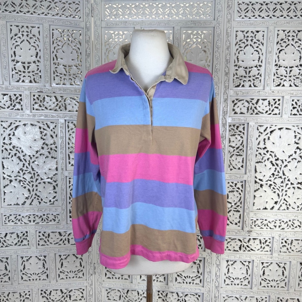 Vtg Sears Colorful Retro Striped Long Sleeve Polo Womens M/L Collared Twee